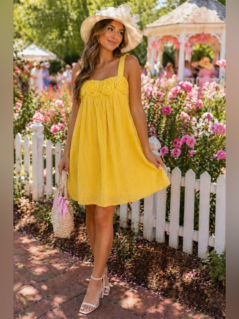 Piko 1988 Yellow Rosette Sundress Smocked Back Cotton Cottagecore Resort Dress M